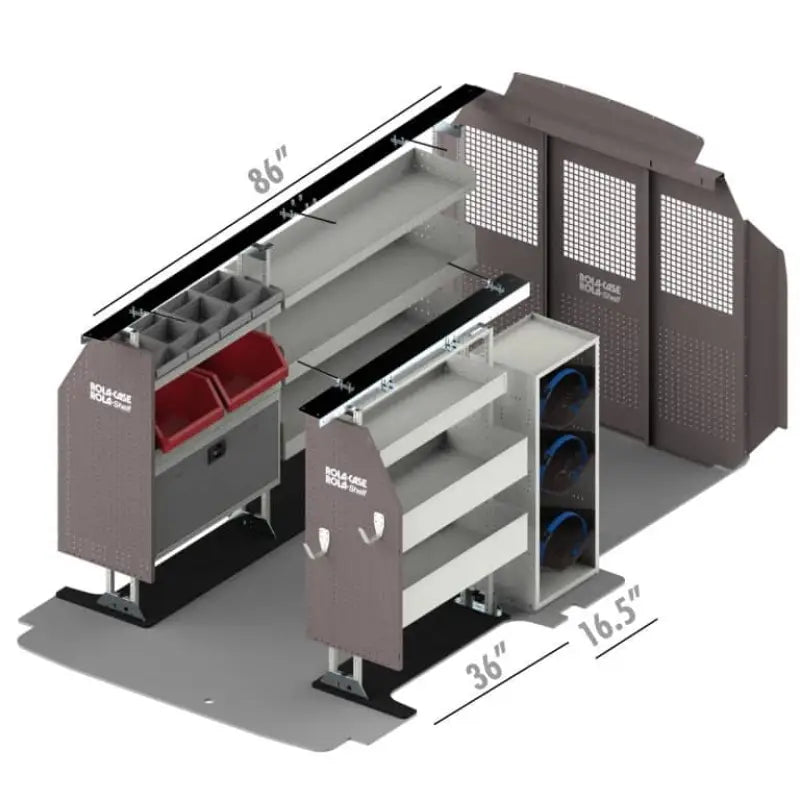 Van shelving and partition system.