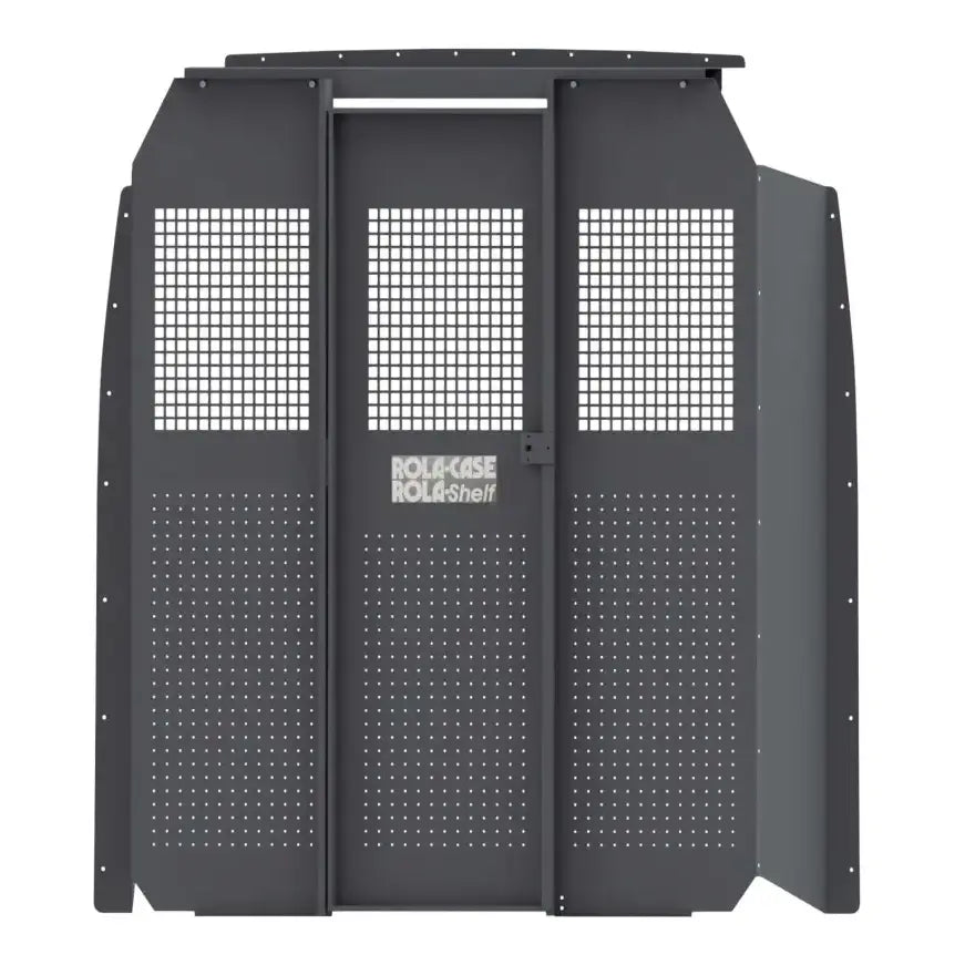 Gray metal van partition with secure roof anchor kit for RSVAKMS144SHR21 Rolacase