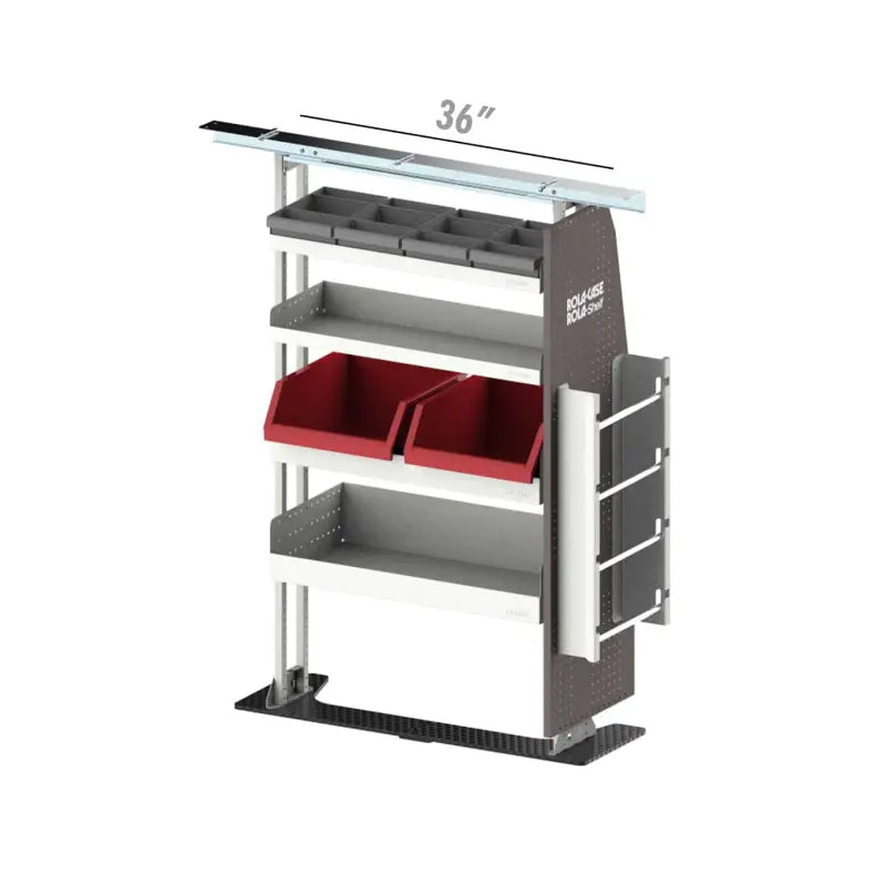 Metal shelving unit with bins.