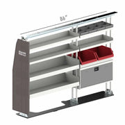 Van shelving unit with bins and cabinet.