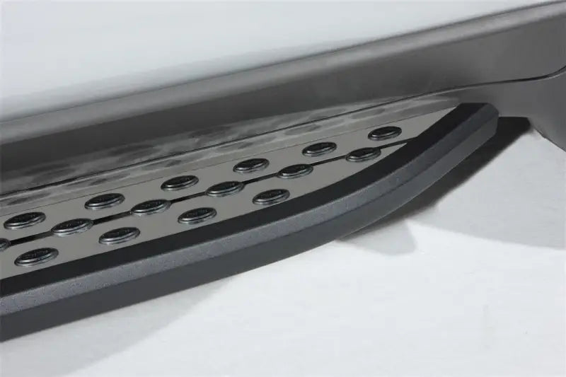 Vehicle running board with black trim, powder coated stainless steel for style and durability