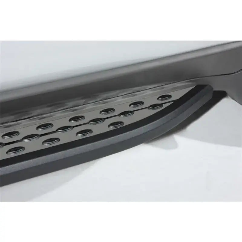 Vehicle running board with black trim, powder coated stainless steel for style and durability