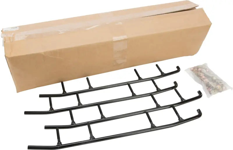 Black metal snowmobile sliders with mounting hardware for standard wear bar runners