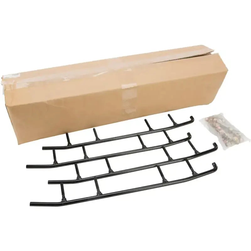 Black metal snowmobile sliders with mounting hardware for standard wear bar runners