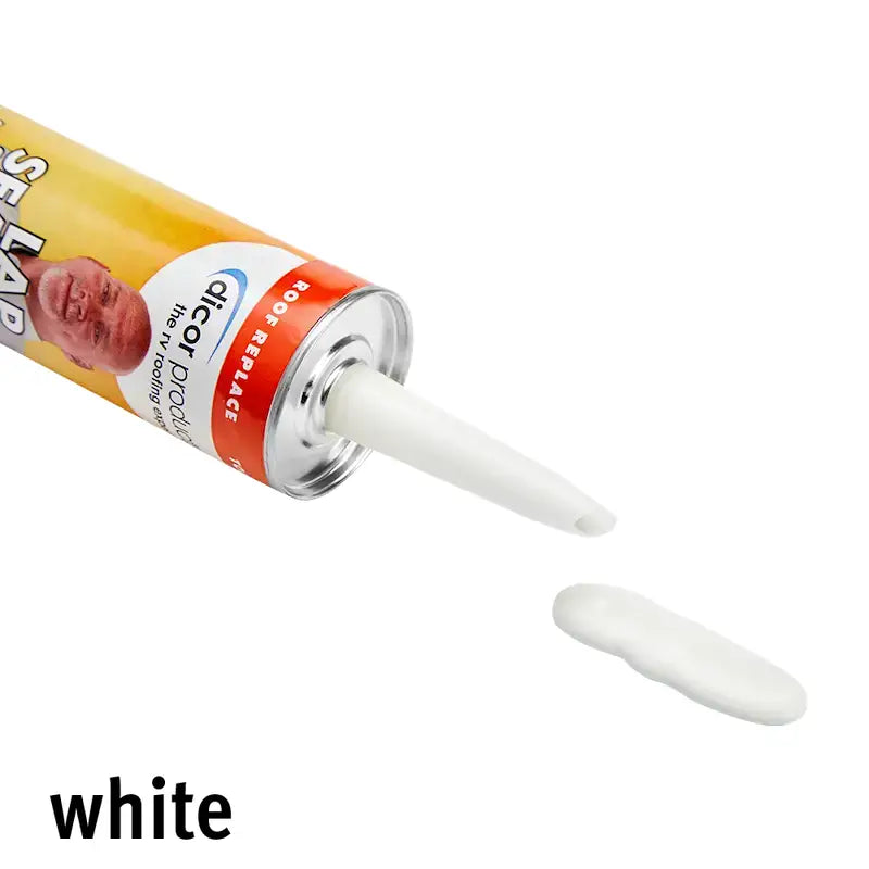 White Dicor 501LSW self-leveling lap sealant tube with dispensed product for RVs