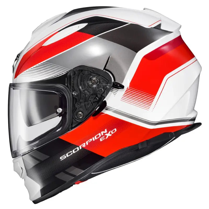 White red black Scorpion Exo Ryzer full-face helmet with clear visor for edge pink XL
