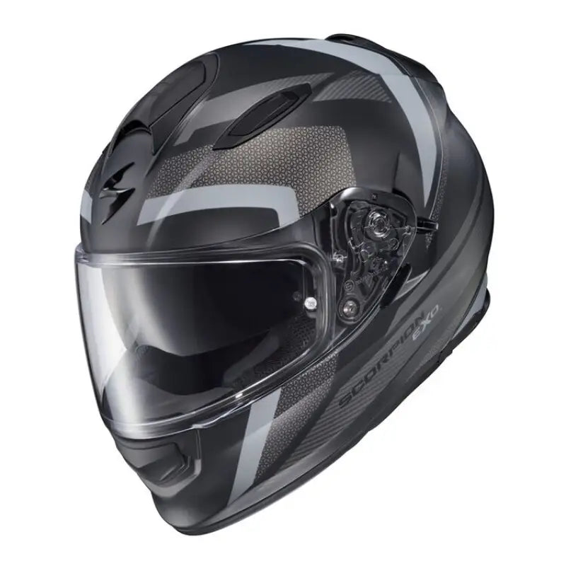Black and grey Scorpion Exo Ryzer full-face helmet with clear visor for motorcycle riding