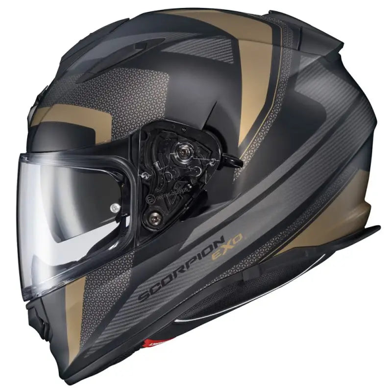 Black and gold Scorpion Exo Ryzer full-face helmet with clear visor for style and safety