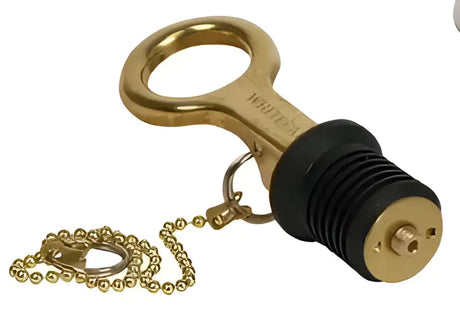 S-0206C Whitecap 1' Aluminum Bailer Plug - Screw with attached brass chain designed for boats and watercraft.