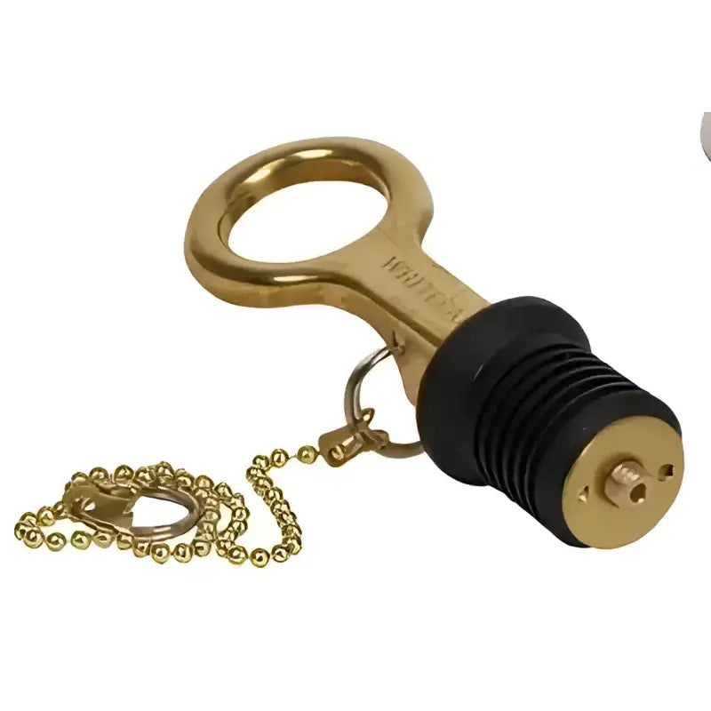 S-0206C Whitecap 1' Aluminum Bailer Plug - Screw with attached brass chain designed for boats and watercraft.