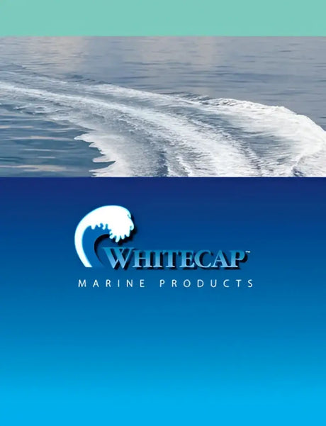 Whitecap marine products logo over ocean backdrop.