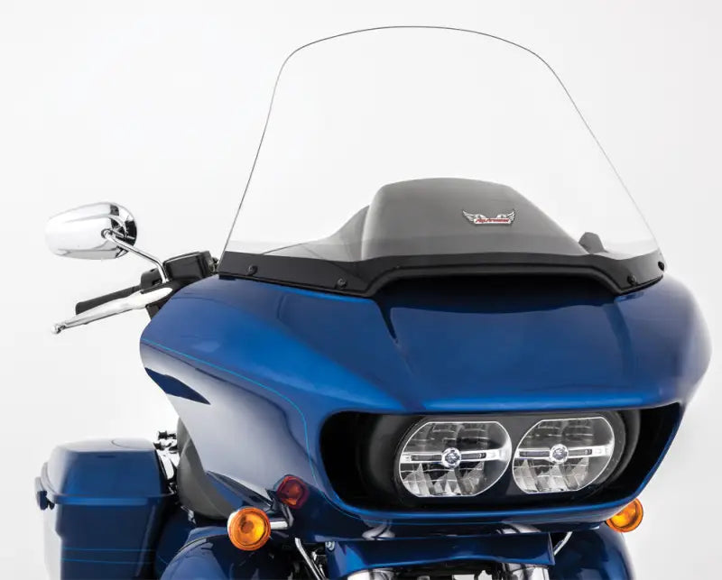 Blue motorcycle with clear windshield and dual headlights for s-236-19 replacement windshield