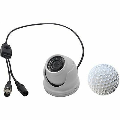 C55 KJM Mini Dome Camera 1000Tvl White next to a golf ball for size comparison with connecting cables.