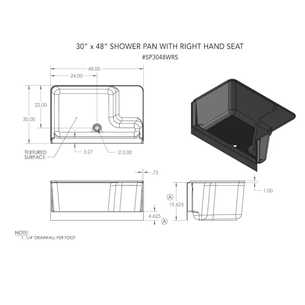 S.Recreation Lightweight And Strong Shower Pan SP3048WRS - White 30 48 Right Seat