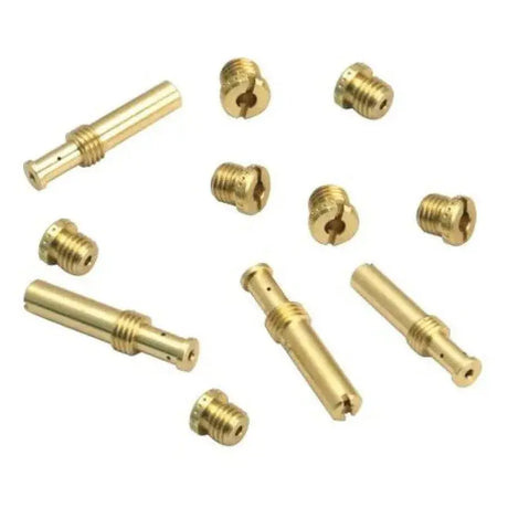 S&S Cycle .0295in - .033in High Range Jet Kit, brass components laid out, precision-made for optimal performance.