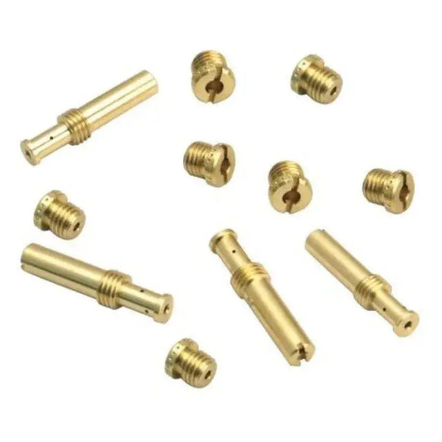 S&S Cycle .0295in - .033in High Range Jet Kit, brass components laid out, precision-made for optimal performance.