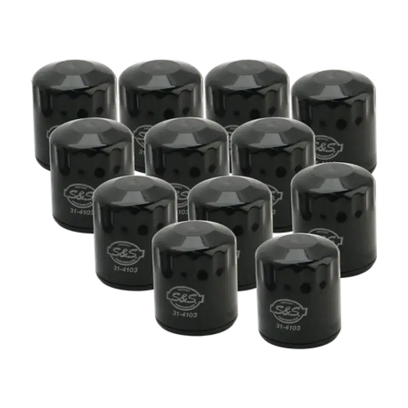 S&S Cycle Black Oil Filter 12 Pack for 99-18 BT/2017+ M8/X-Wedge models, durable and efficient.