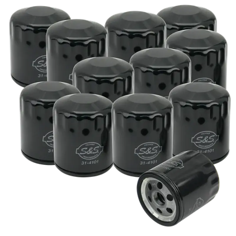 S&S Cycle Sportster/Evolution Models Black Oil Filters - 12 Pack for motorcycles, high-quality construction, enhanced filtration, easy installation.