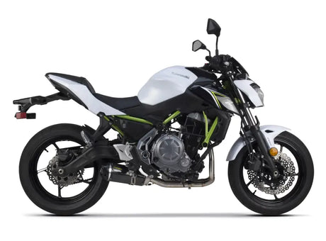 White and black Kawasaki Z650 motorcycle with S1r Full System Carbon Kaw rv parts & accessories