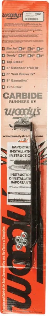 Orange and black packaged Slim Jim Dooly Carbide Runners for snowmobiles