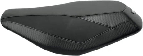 Black two-up motorcycle seat with textured and smooth panels, perfect gripper seat cover