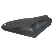 Black motorcycle gripper seat cover with ribbed padding and carbon fiber accents