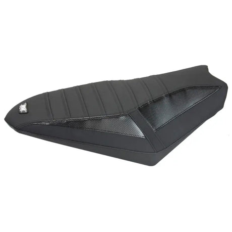 Black motorcycle gripper seat cover with ribbed padding and carbon fiber accents