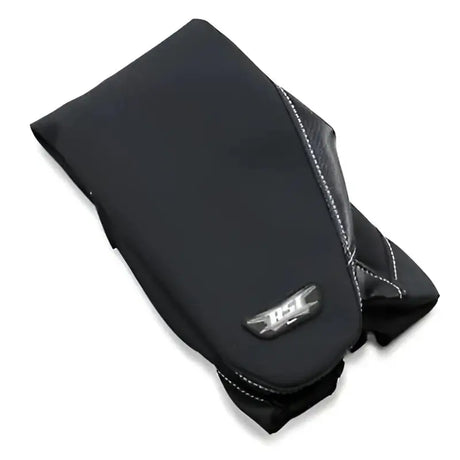 Black motorcycle tank bib with white stitching and metallic emblem for SC-13 RSI Gripper Seat Cover