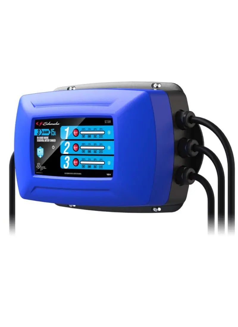 SC1389 Schumacher 15 Amp 3-Bank On-Board Marine Battery Charger with blue and black welding machine digital display