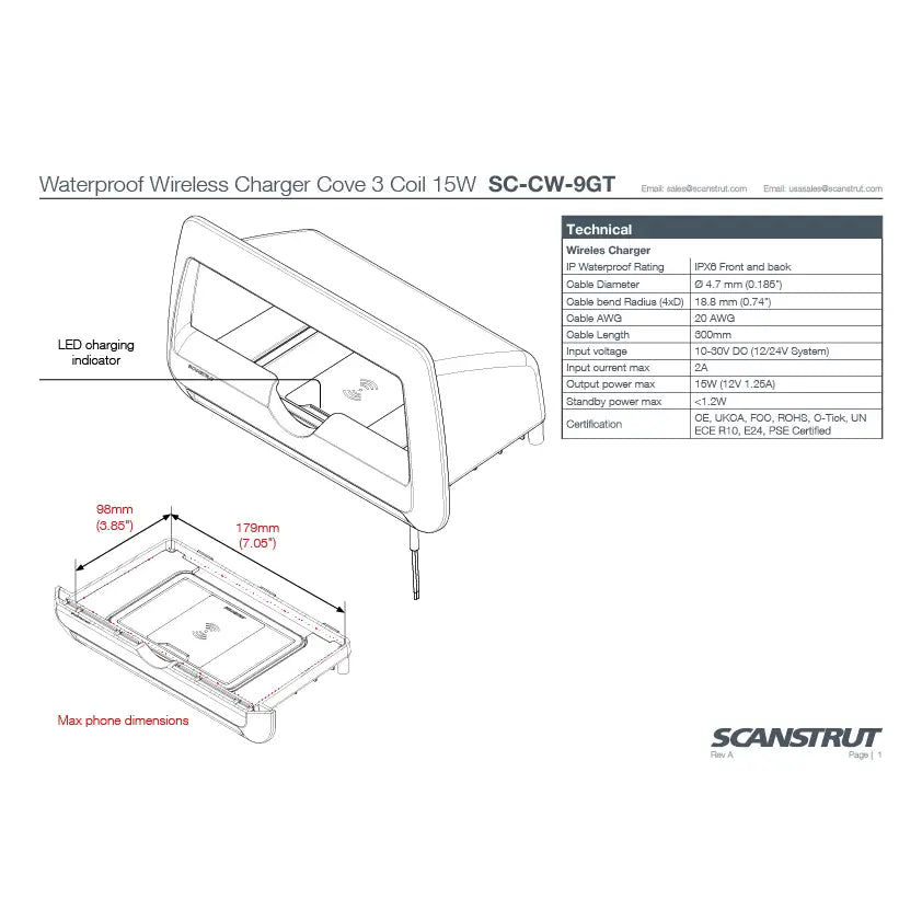 Scanstrut Reverse Polarity Protection Wireless Cellular Phone Charger SC-CW-9GT - Waterproof Cove