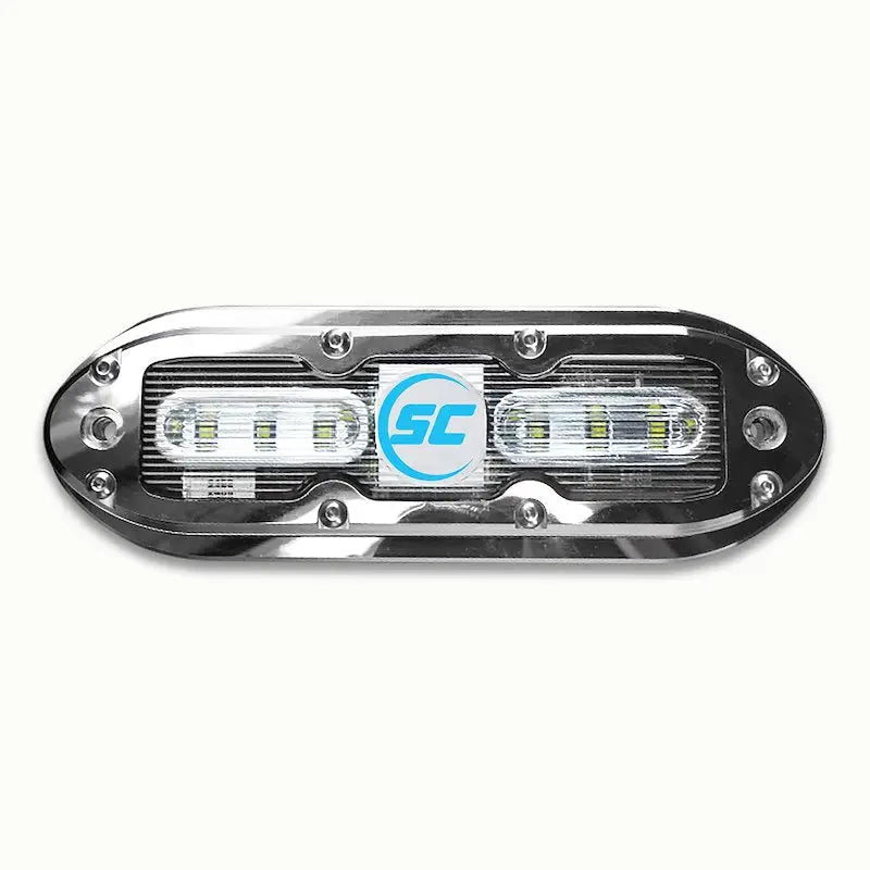 Sleek Bimini Blue underwater light with chrome LED bar and dual-color glow