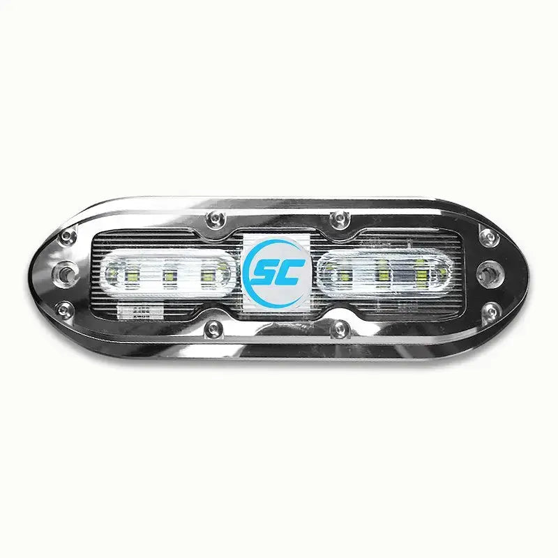 Sleek Bimini Blue underwater light with chrome LED bar and dual-color glow