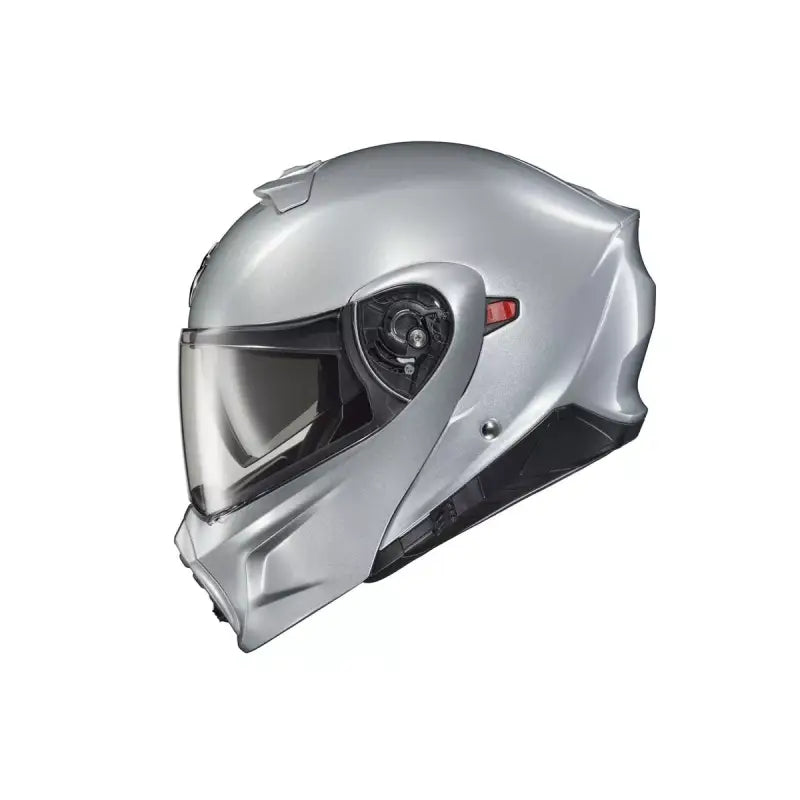 Silver motorcycle helmet from Scorpion Exo with transformer helmet design for the Exo-Gt930