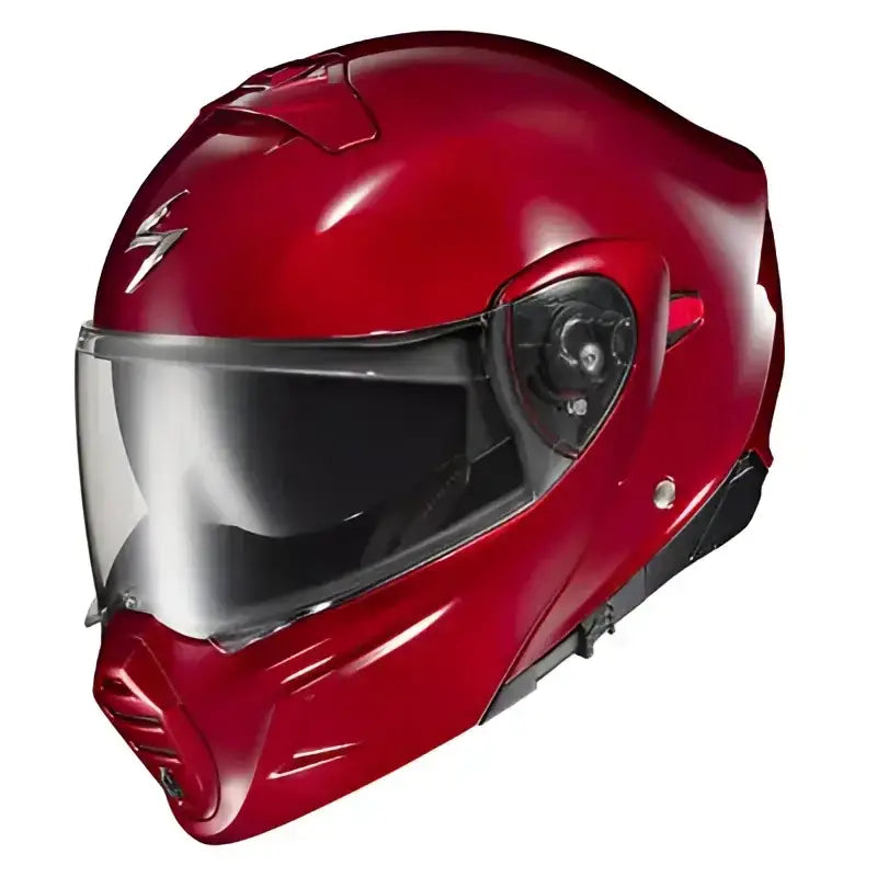 Red motorcycle helmet showcasing the black cherry Exo-Gt930 Transformer Helmet design