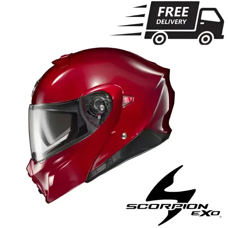 Red motorcycle helmet from Scorpion Exo with transformer design in the Exo-Gt930 series