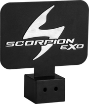 Black metal hitch cover with silver scorpion logo for Scorpion Header Helmet Tree Header