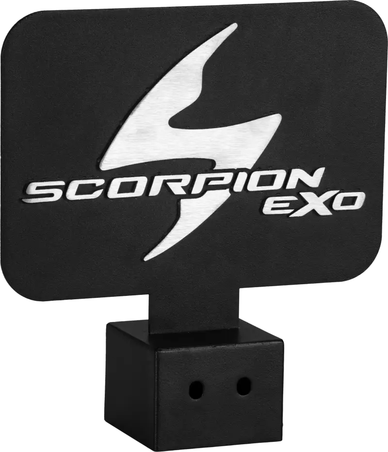 Black metal hitch cover with silver scorpion logo for Scorpion Header Helmet Tree Header