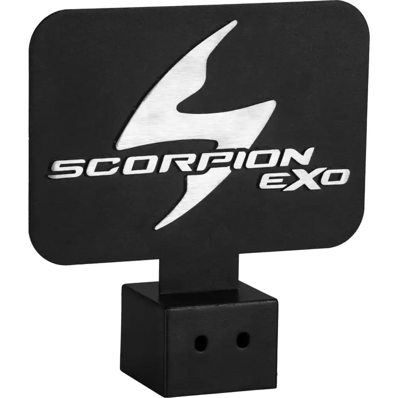 Black metal hitch cover with silver scorpion logo for Scorpion Header Helmet Tree Header