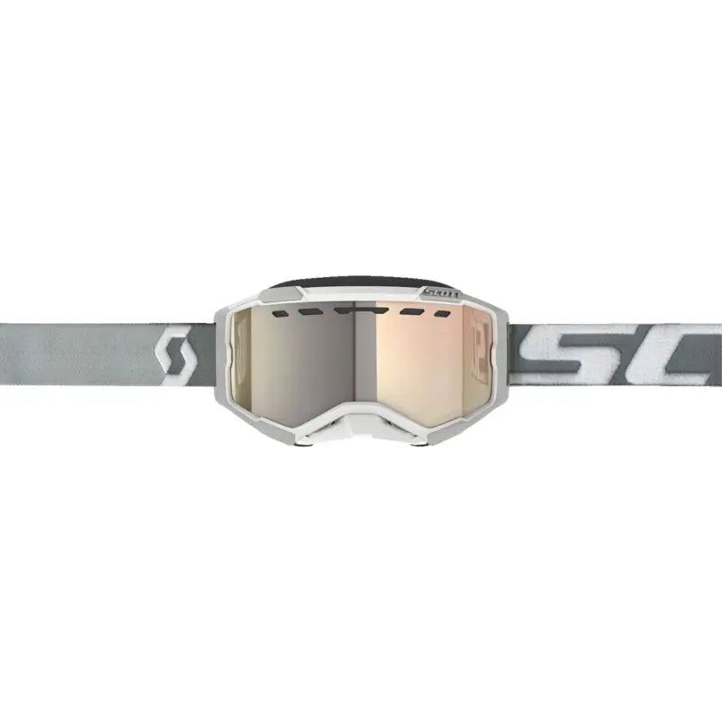 White Fury Snowcross Goggle with mirrored lens and grey strap for snowboarding fun