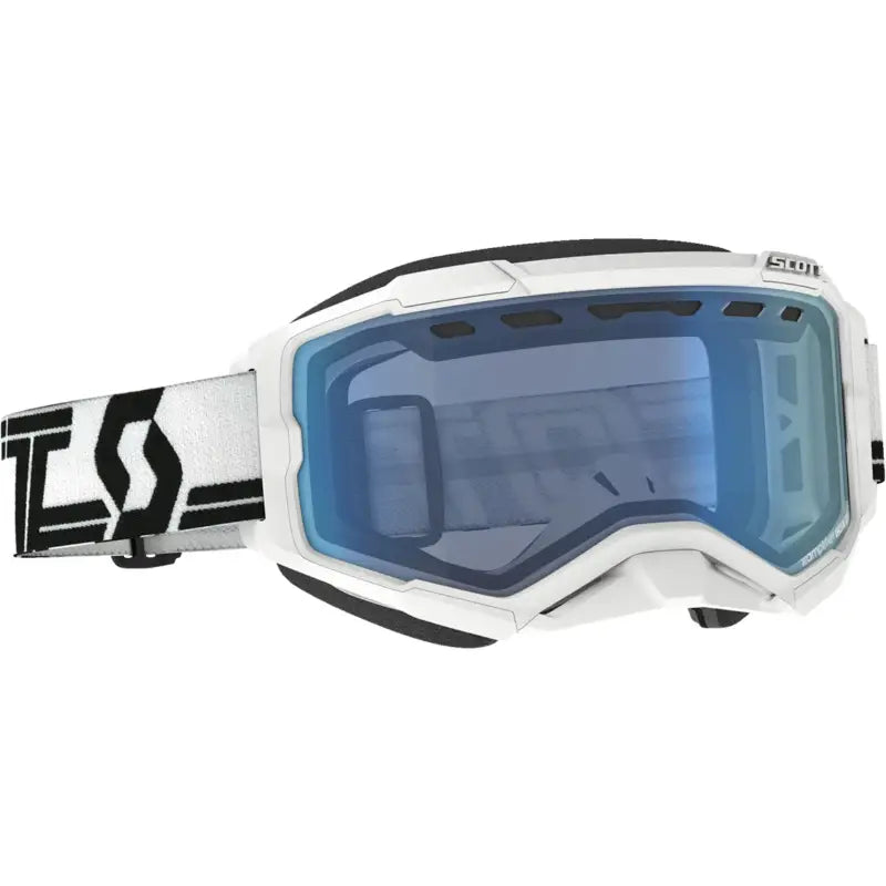 White snowcross goggle with blue reflective lens and black white strap for Fury Snowcross
