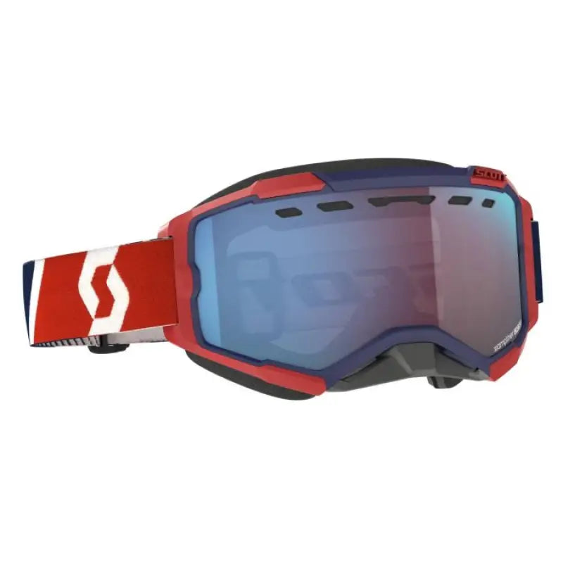 Red and navy Fury Snowcross Goggle with reflective blue lens for snowboarding fun
