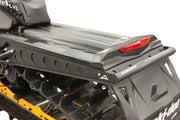 Rear view of black snowmobile with cargo rack, perfect for RV parts & accessories or truck parts