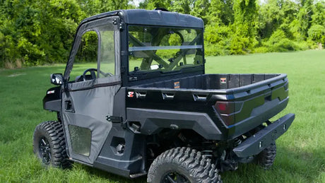 Black utility terrain vehicle with Seizmik Folding Hard Rear Window for great protection
