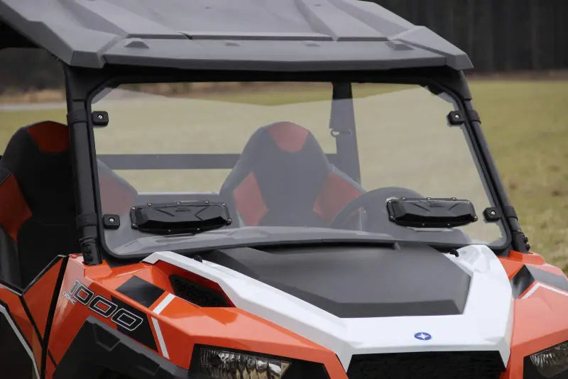 Orange and white utility vehicle with Seizmik Versa-Vent Windshield HC Poly setup