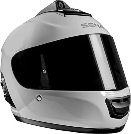 White motorcycle helmet with camera and Sena Momentum liner for Sena MO-A02-XL Momentum