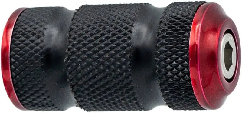 Black knurled bicycle handlebar end plug with red aluminum caps for rear peg frame mount