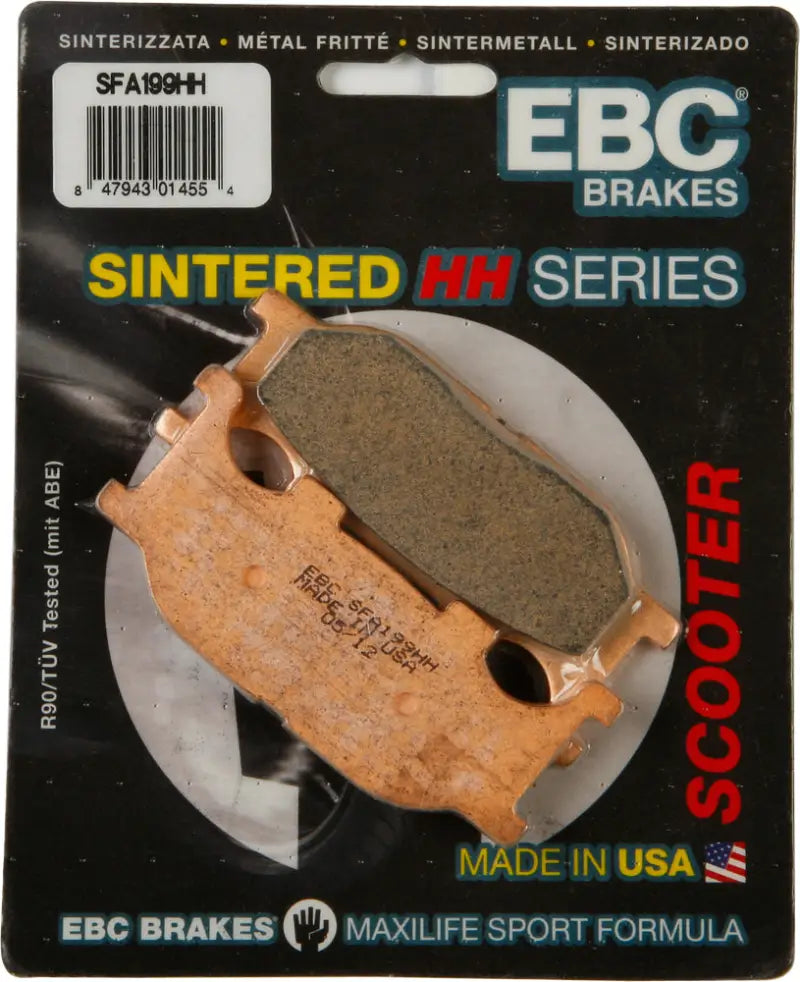 EBC Brakes SFA199HH Brake Pads product packaging, featuring Double-H sintered brake pads for superbike and street performance, made in the USA.
