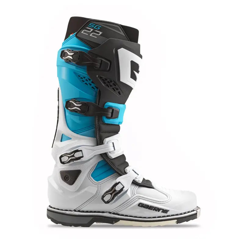White, blue, black motocross boot with guard dual buckles for RV parts & accessories