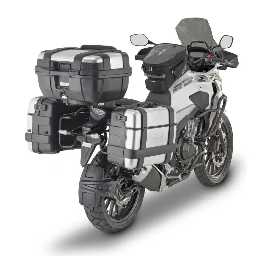 Motorcycle with luggage cases showing Side Case Hardware Hon for durable case hardware hon