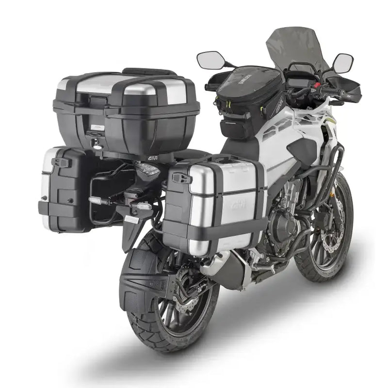 Motorcycle with luggage cases showing Side Case Hardware Hon for durable case hardware hon
